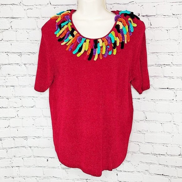 VTG LISA CHENIELLE RED COLOR FRINGE SHORT SLV SWTR - Picture 1 of 5